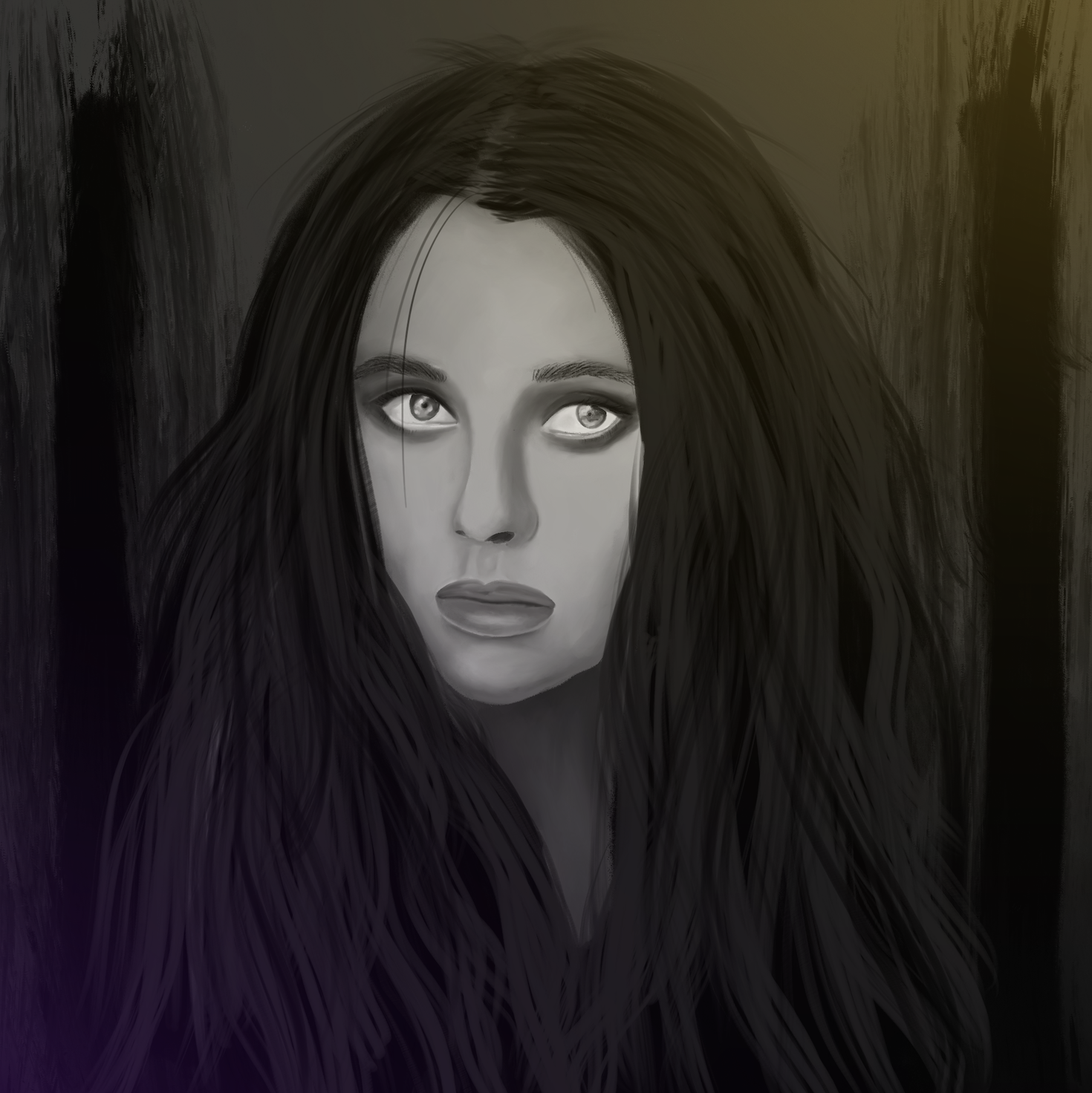 Black and white portrait: girl with straight hair and light effects on dark background.