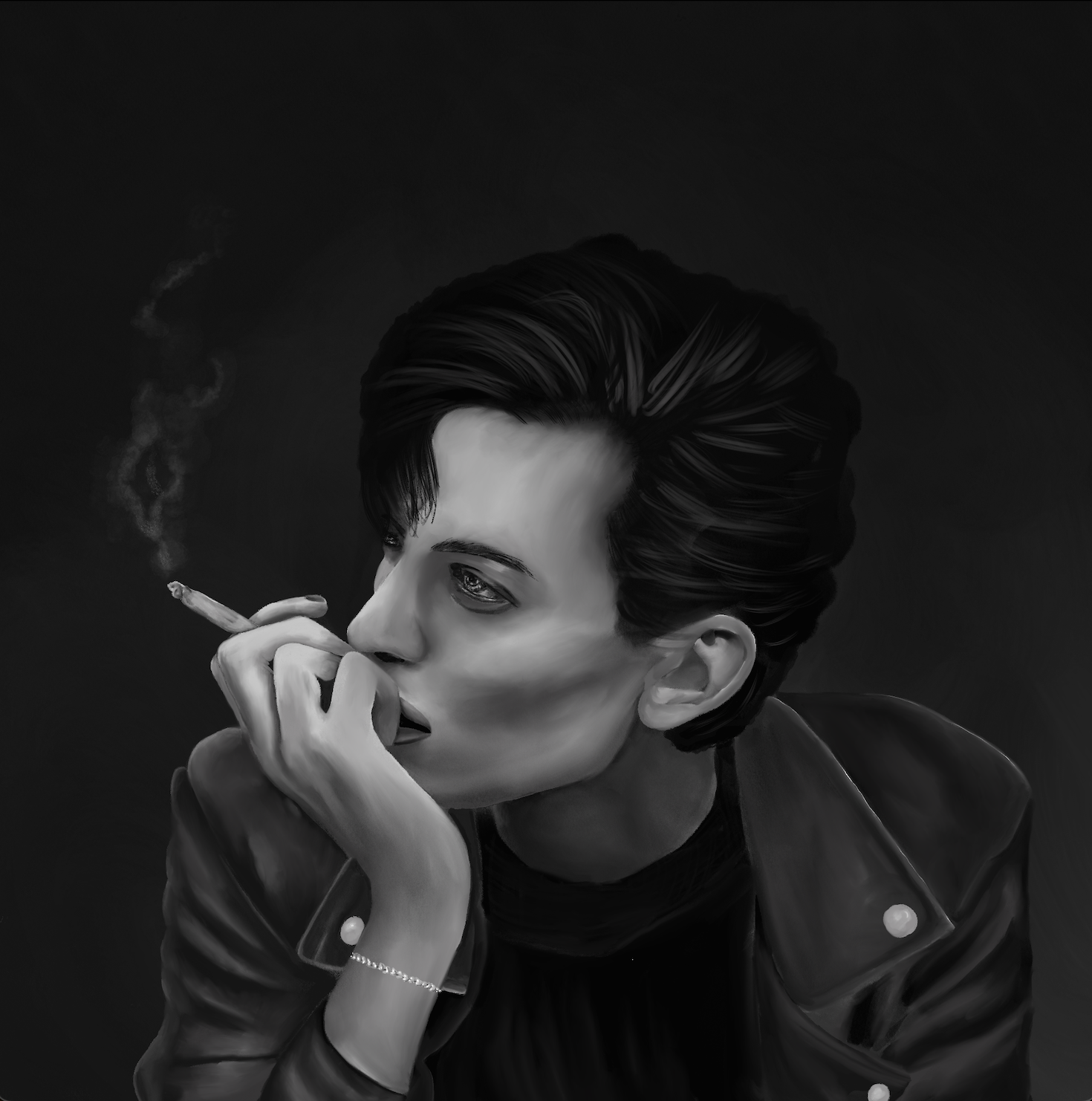 Black and white portrait: man in leather jacket smoking against dark background.
