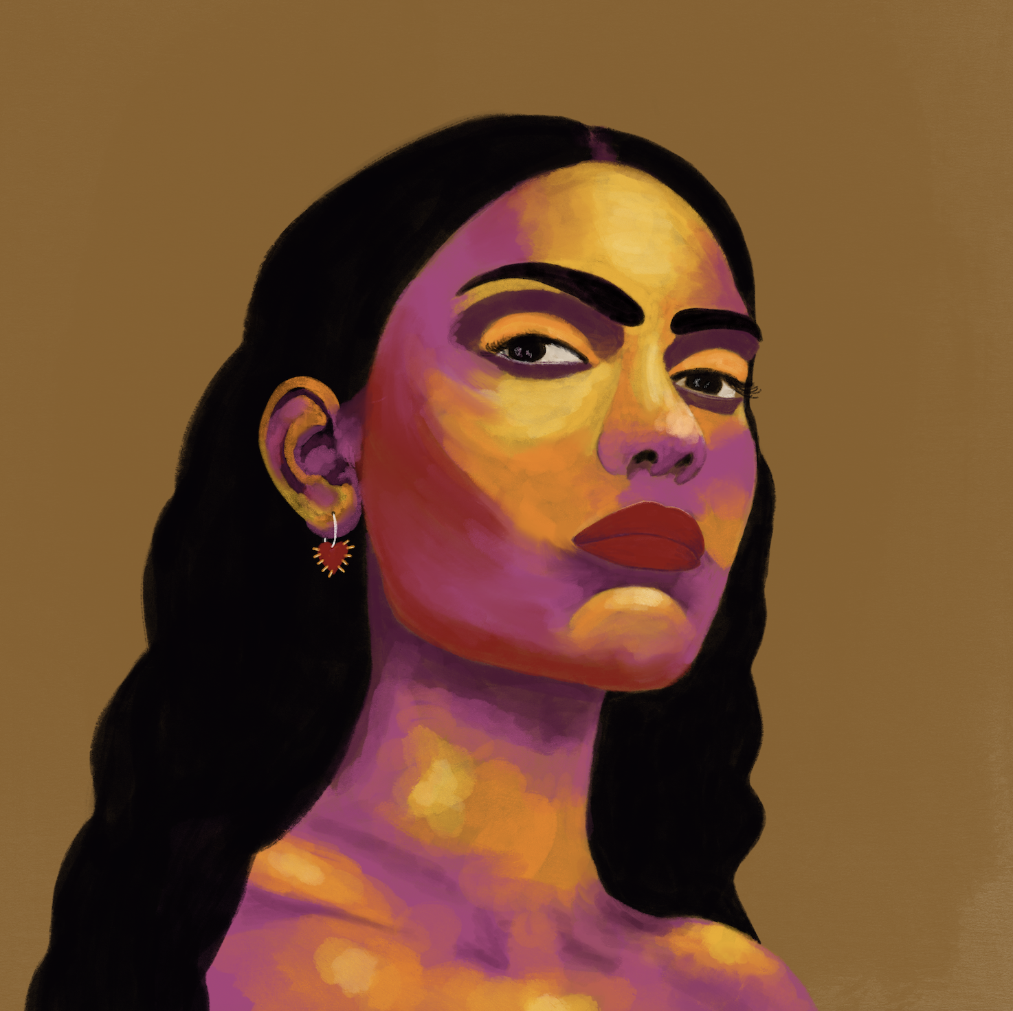 A portrait of a girl with rainbow skin and black hair against a warm amber background.