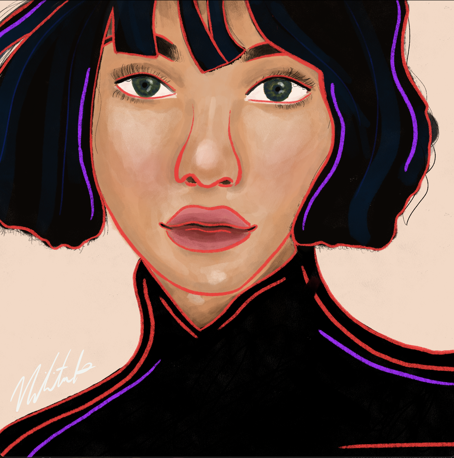 Portrait of girl with light skin and black hair, red-purple outlines on tan background.