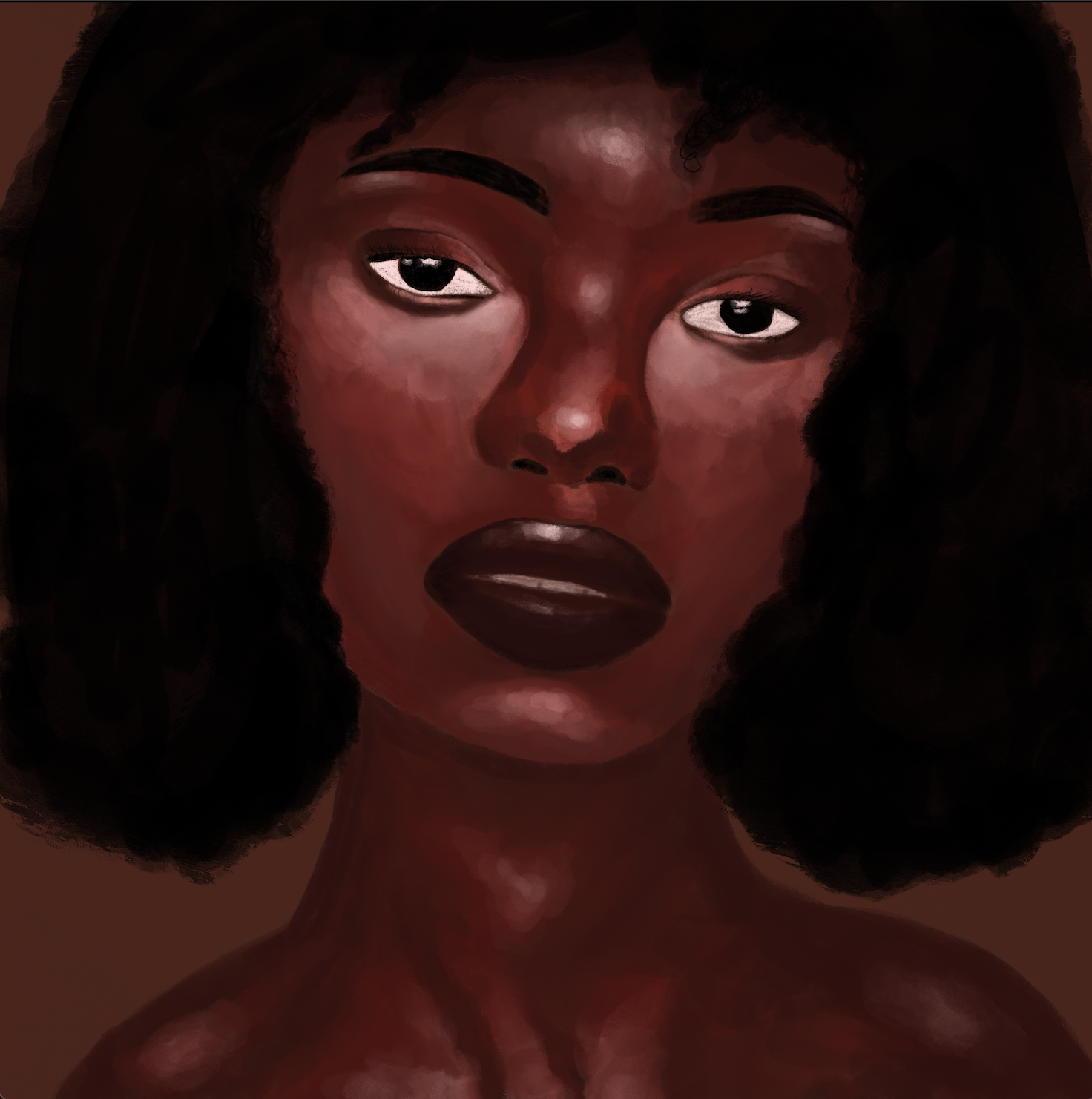 Portrait of girl with brown skin and black hair against a rich brown background.
