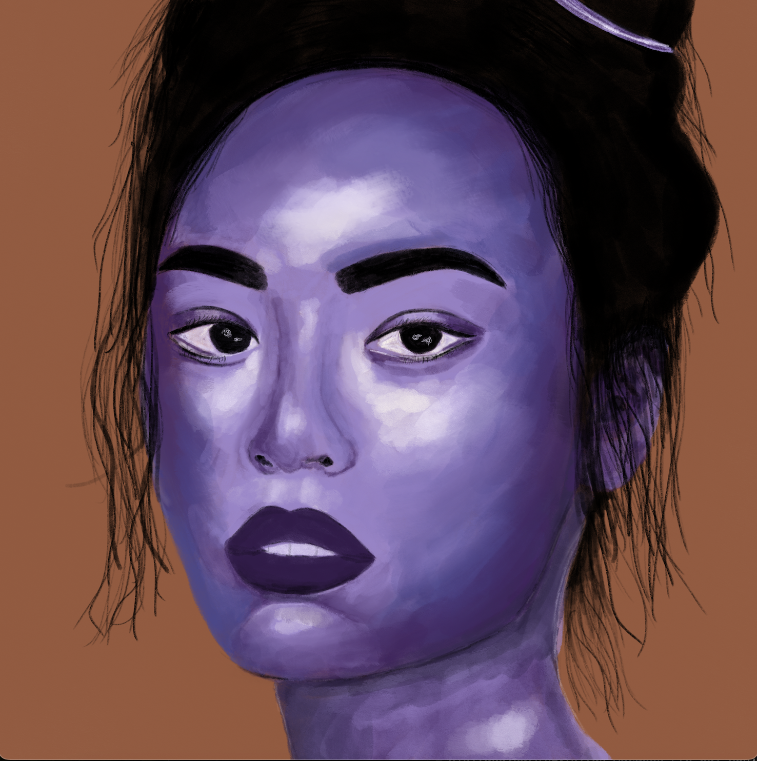 Portrait of girl with purple skin and black hair against a burnt orange background.