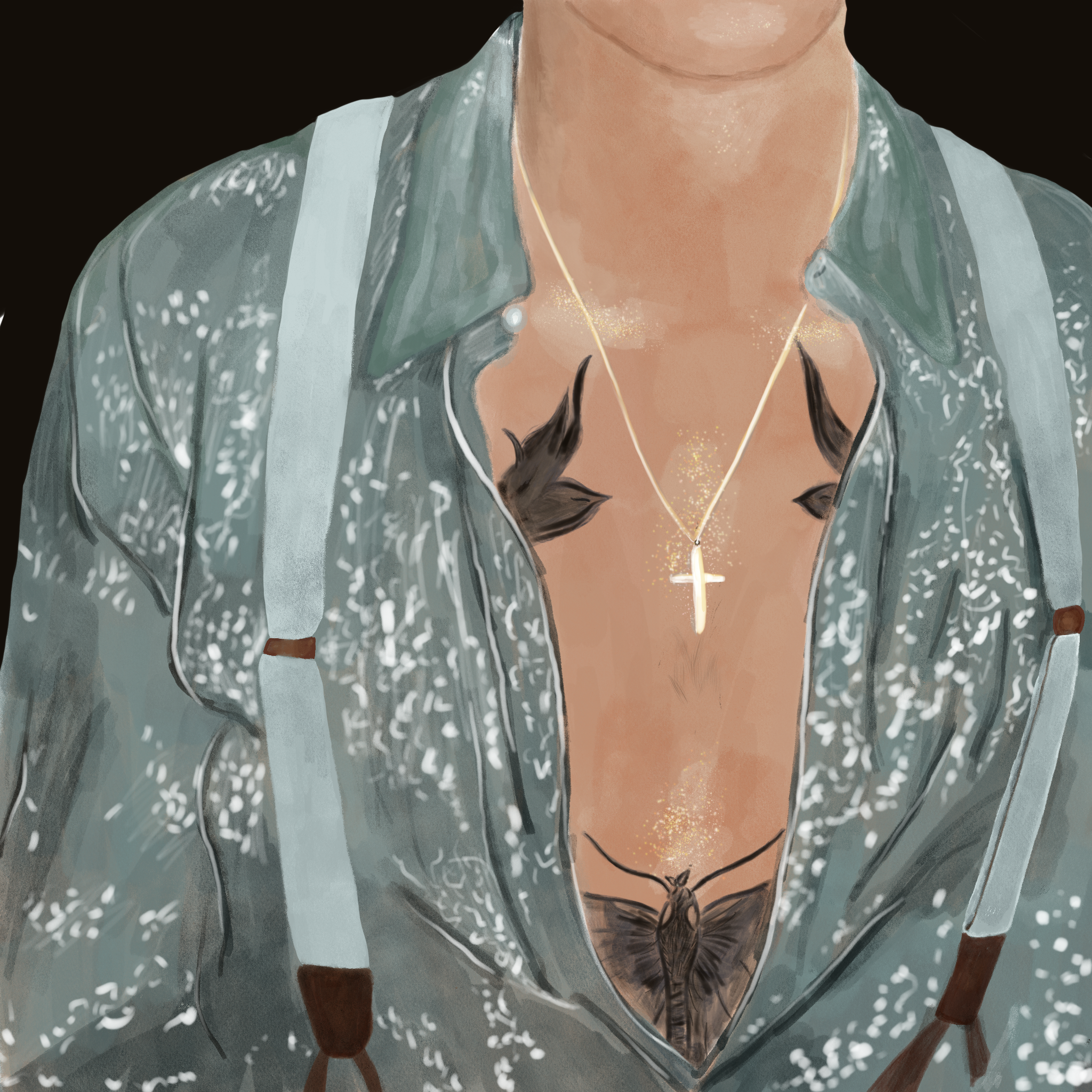 Male torso in sparkling blue blouse, suspenders and pendant necklace, showing tattoos.