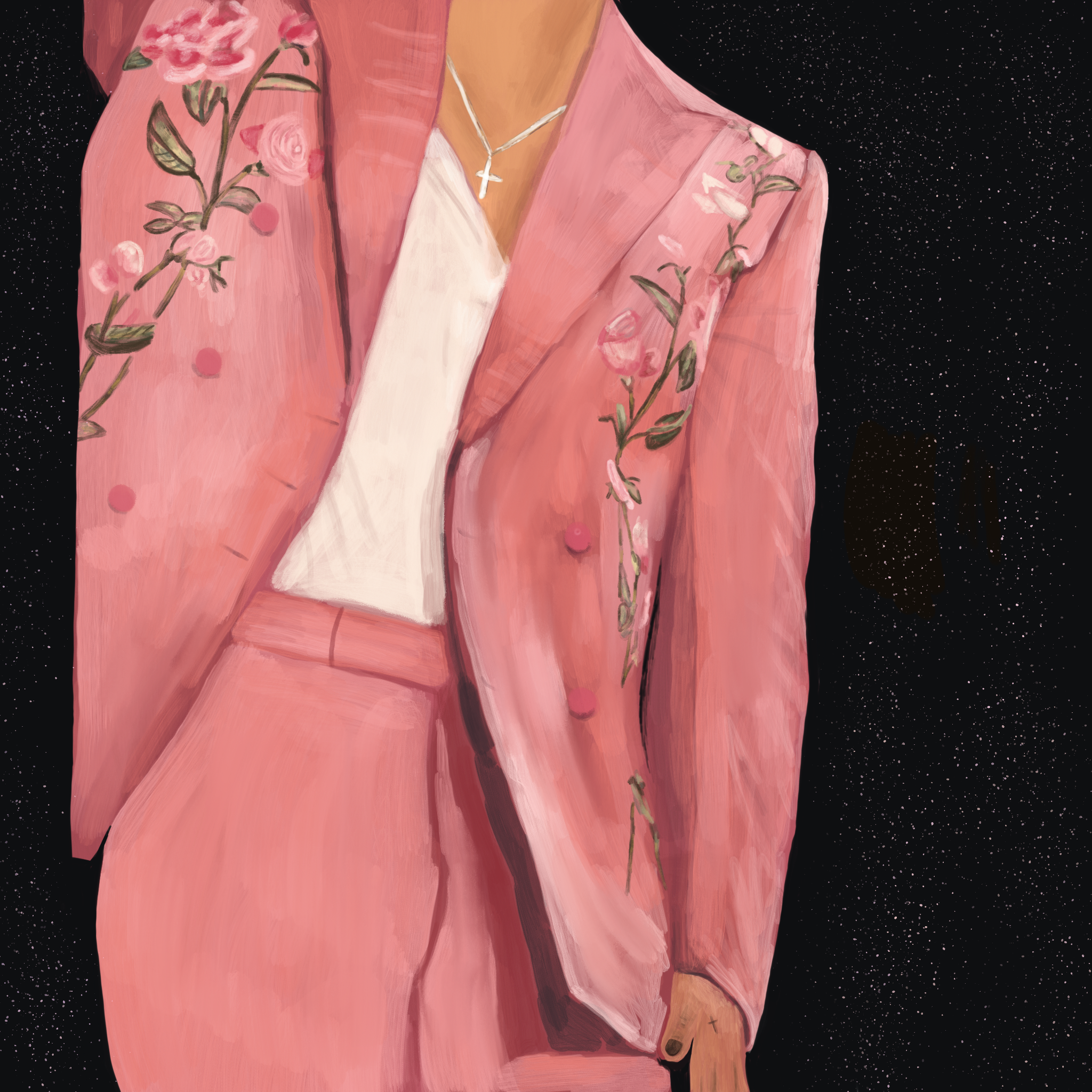 Man in pink velvet floral suit with white shirt and necklace.