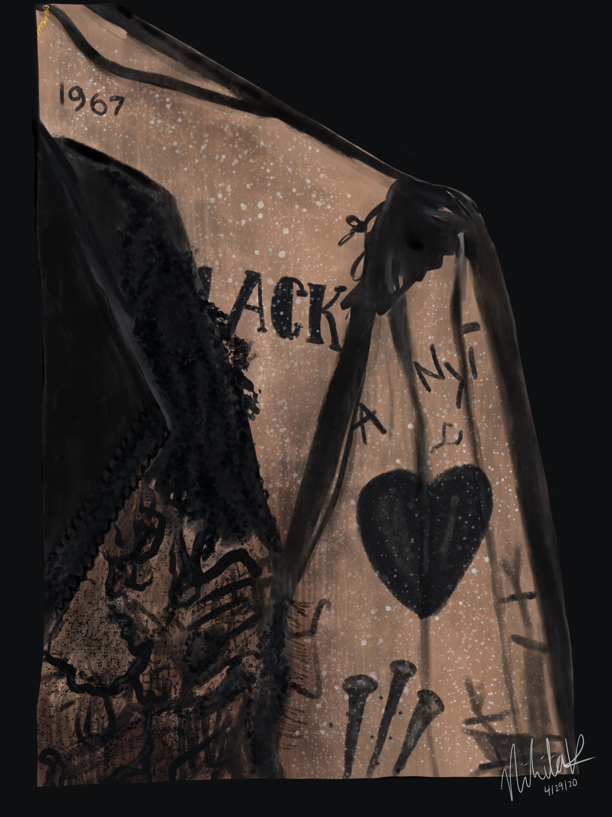 Close-up portrait of a man's tattooed shoulder wearing a sheer black lace top.