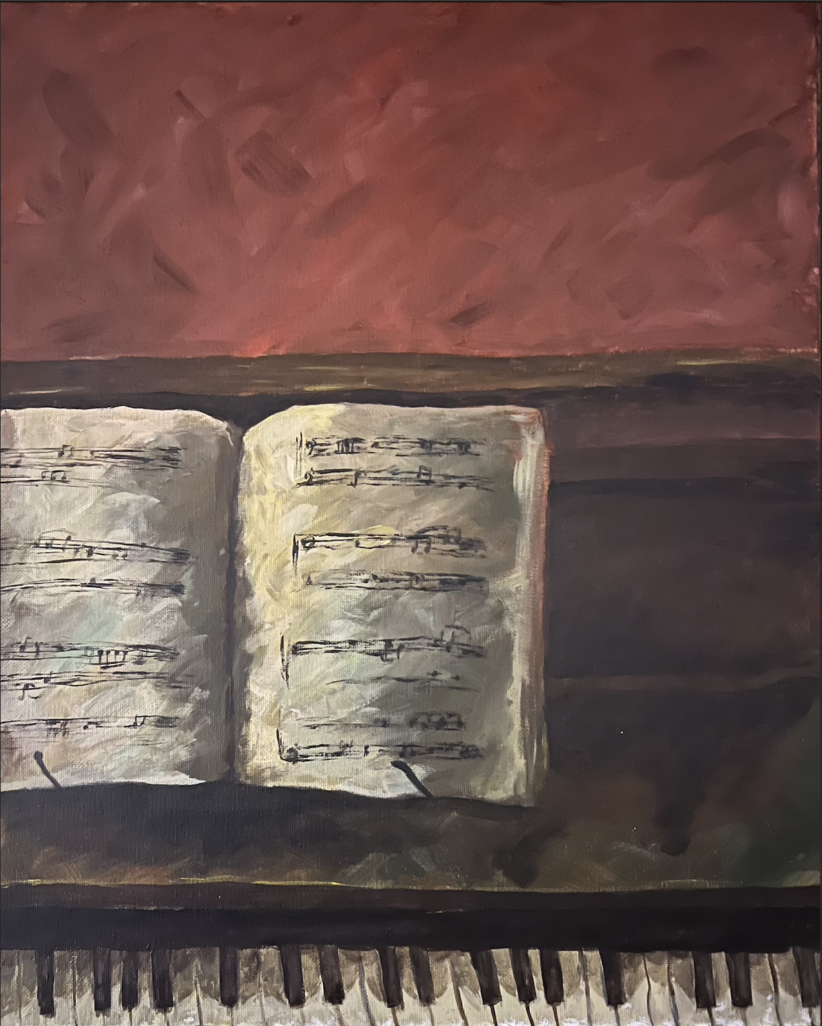 An impressionist painting of an open piano, sheet music displayed on its music stand.